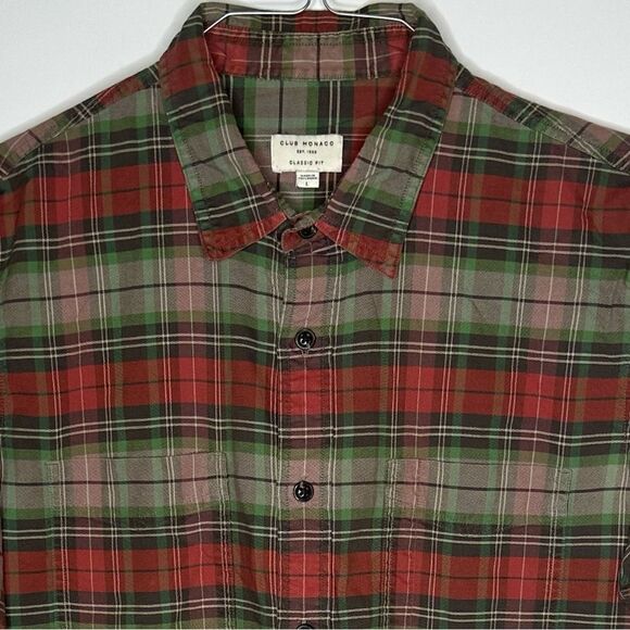 Club Monaco Classic Fit Long Sleeve Orange-Green-Tan Plaid Shirt Size Large - Picture 6 of 7